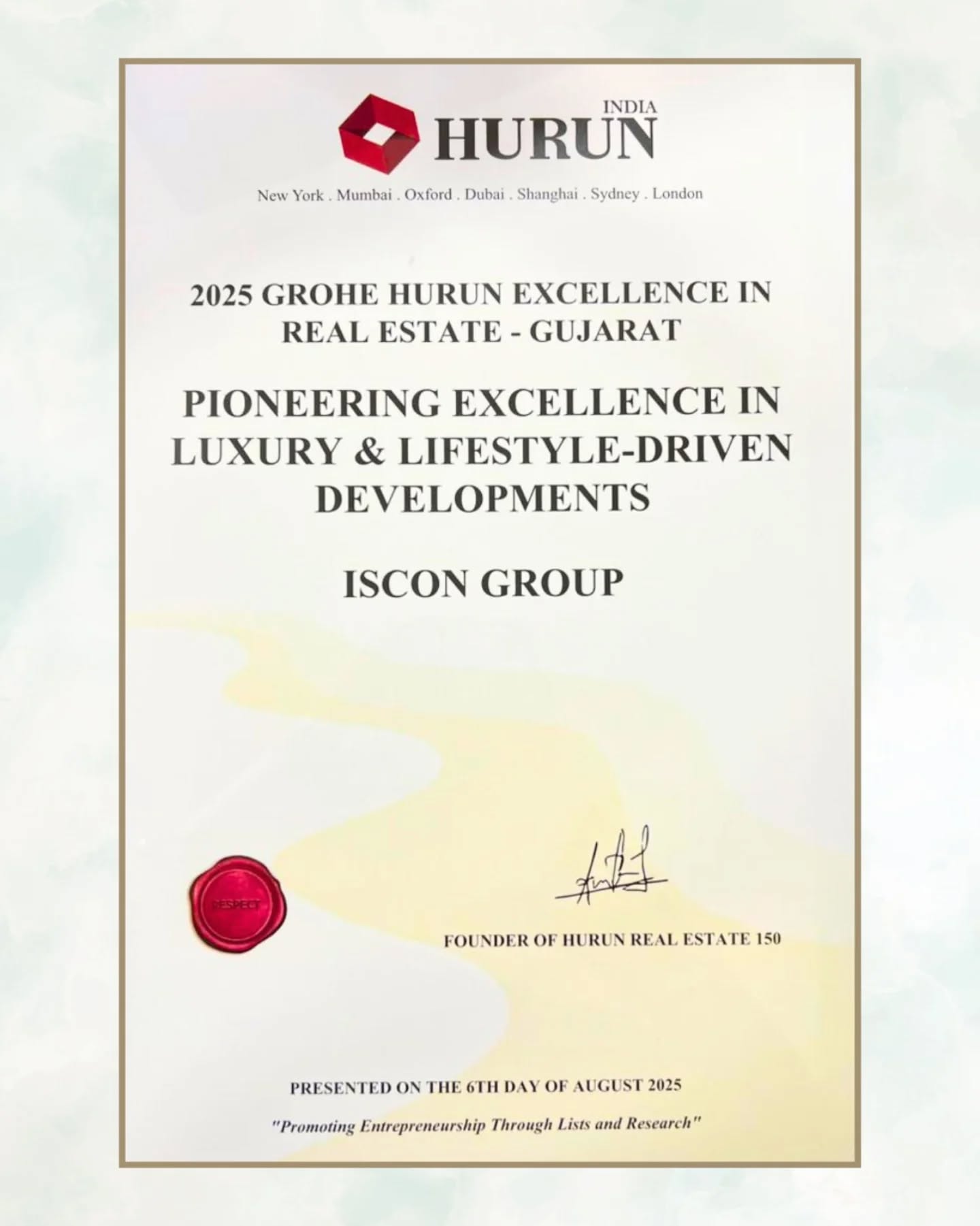 ISCON Group,  IsconGroup, HurunAwards, LuxuryLiving, ProudMoment, PioneeringExcellence, LuxuryAndLifestyle